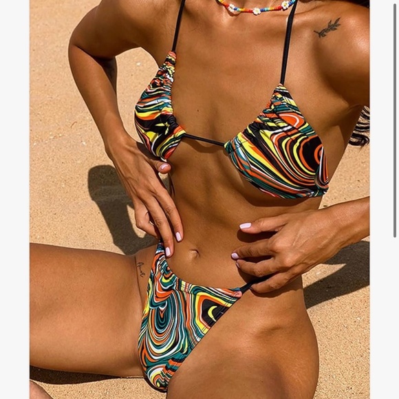 Multicolor Swirl Halter Strappy Bikini Set with Ruched Coverup Skirt - Picture 3 of 3